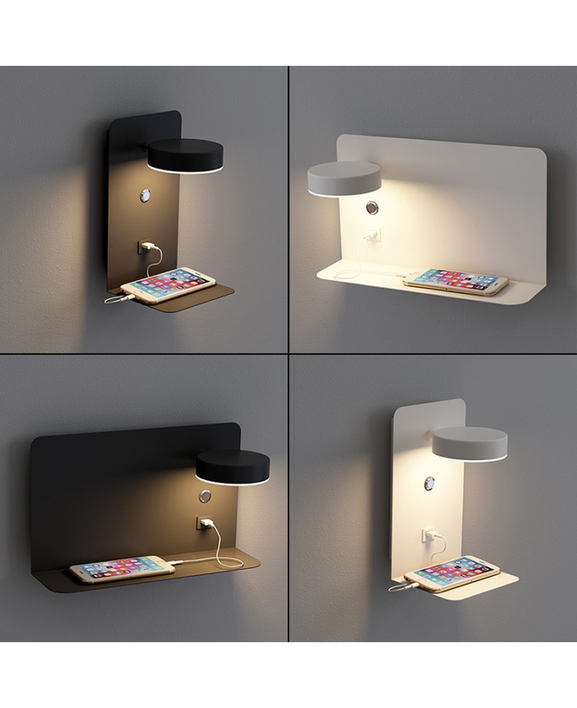 LED Wall Lamp Bedside Shelf USB Phone Charger Modern Bedroom Reading